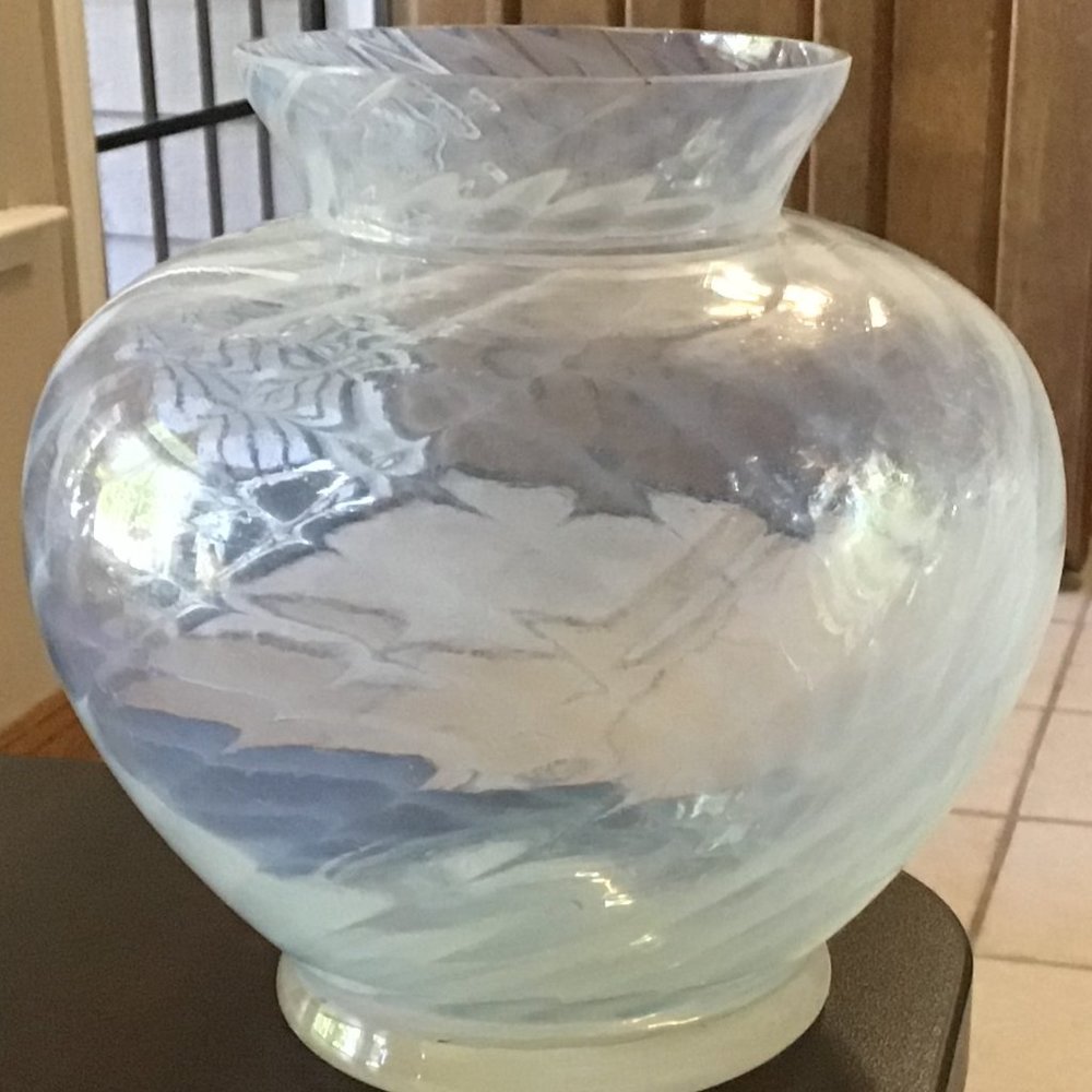 Antique blown glass vase, opalescent with swirls, excellent condition.